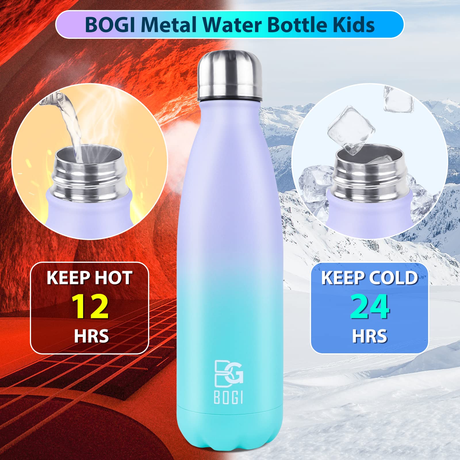 Bogi Insulated Water Bottle, 25Oz Stainless Steel Water Bottles, Leak Proof Sports Metal Water Bottles Keep Cold For 24 Hours An